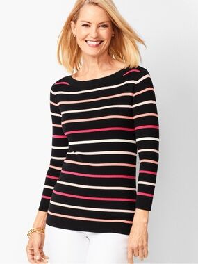 TALBOTS Classic Bateau-Neck Sweater - Stripe - BLACK MULTI 1X